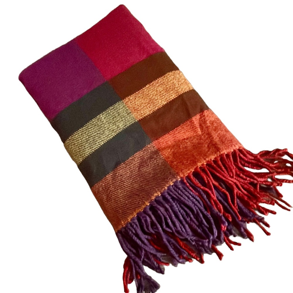 Merona Blanket Scarf Oversized Multi Color Wrap 100% Acrylic Orange Purple Plaid